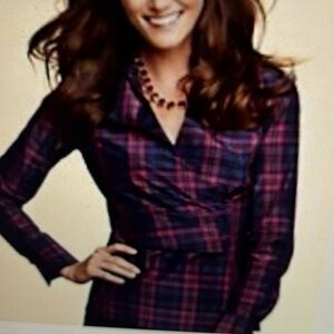 Talbots Faux Wrap Purple Plaid Silk Blend Top Size 4P NWT